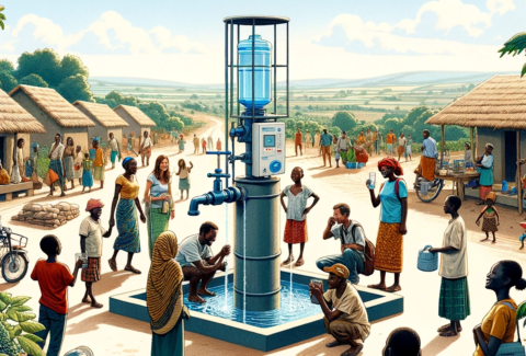 Rural community members gathered around a new water purification system installed near a borehole, symbolizing progress from a monitoring and evaluation project. The scene depicts diverse individuals happily using clean water, with a backdrop of traditional rural houses, lush greenery, and a clear blue sky, illustrating the positive impact of the project in a rustic setting.