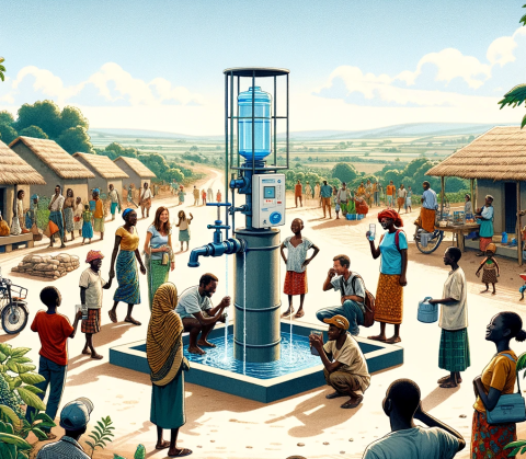 Rural community members gathered around a new water purification system installed near a borehole, symbolizing progress from a monitoring and evaluation project. The scene depicts diverse individuals happily using clean water, with a backdrop of traditional rural houses, lush greenery, and a clear blue sky, illustrating the positive impact of the project in a rustic setting.