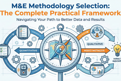 M&E methodology selection decision framework showing 7 critical factors