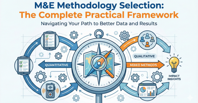 M&E methodology selection decision framework showing 7 critical factors